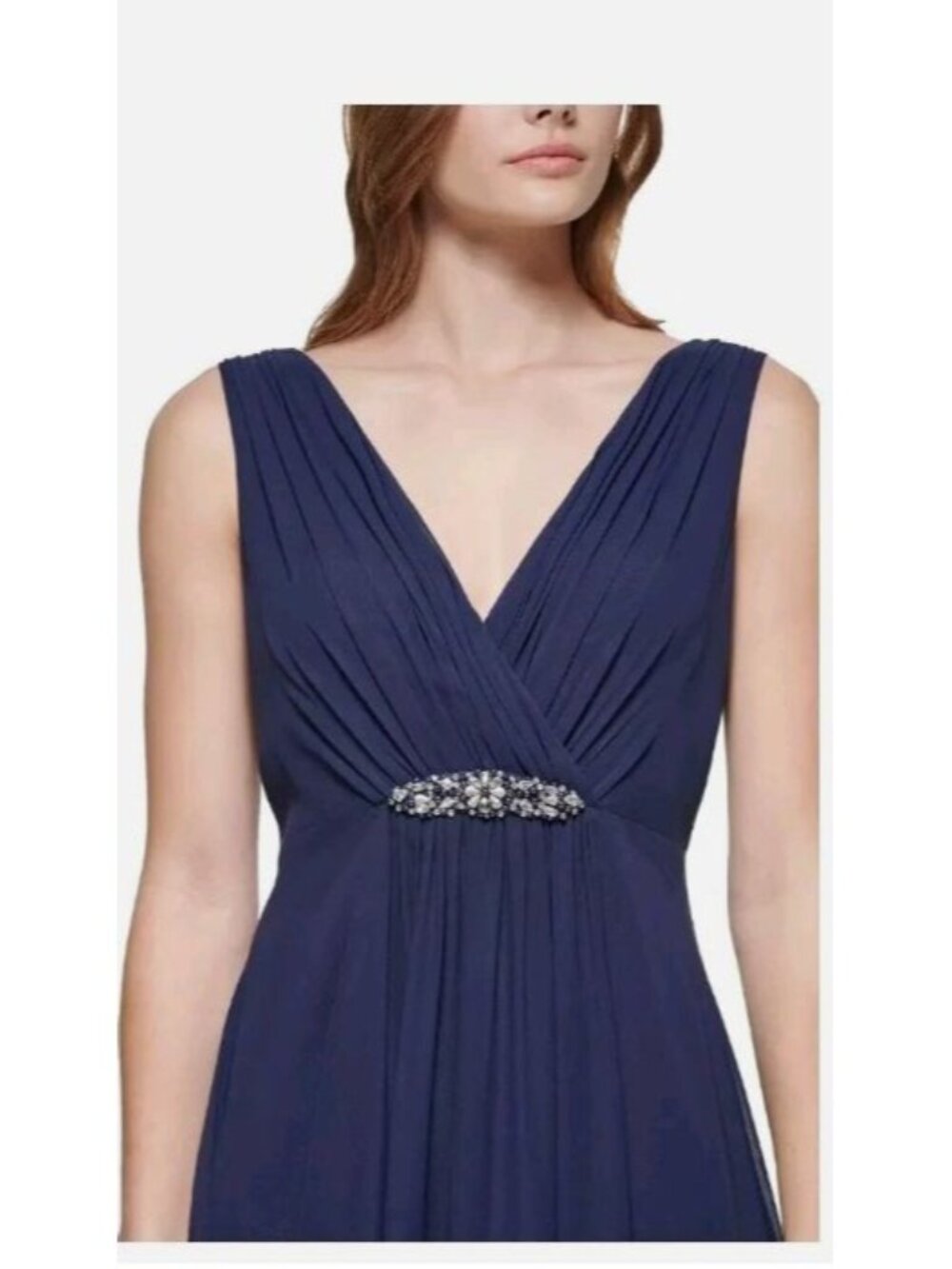 Eliza J Navy Blue Sleeveless Chiffon Evening Gown Beaded Waist Size 4 - Picture 3 of 12